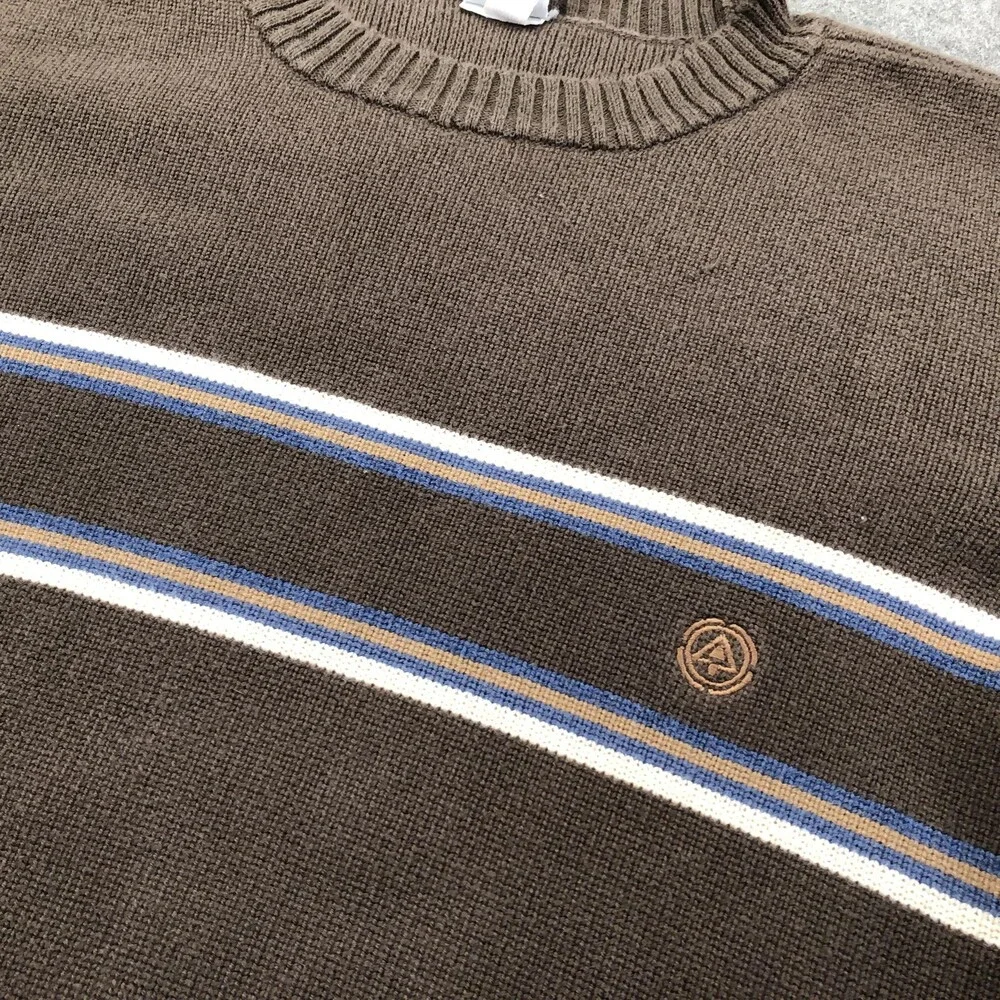 Vintage Old Navy Sweater Mens XL Brown Striped Knit Crewneck Logo Casual Basic